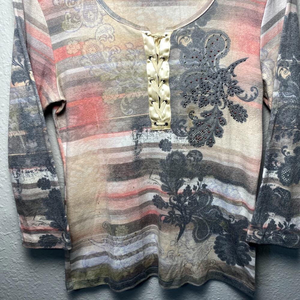 Vtg Y2K One World Lace up Paisley Rhinestone Boho Hippie Whimsy Long Sleeve Sz M - Picture 8 of 14